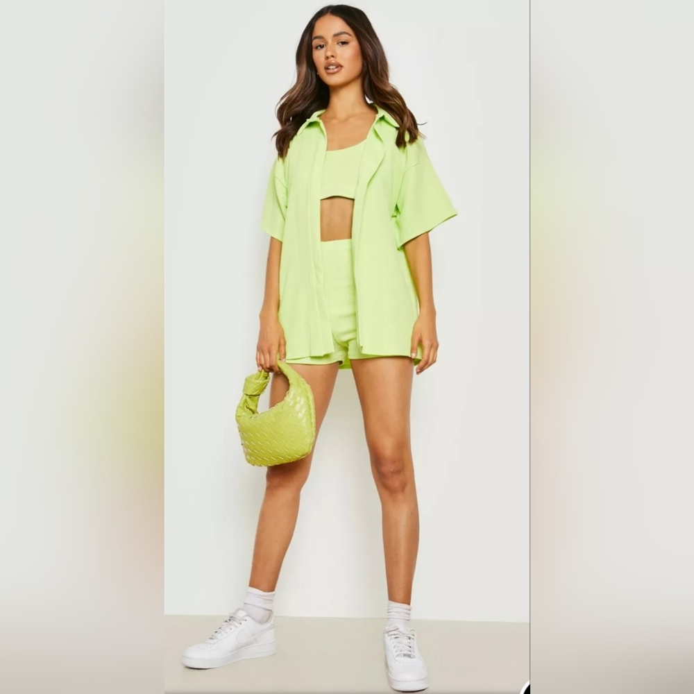 Boohoo Crinkle Shirt,Short & Bralette Set in Neon Green
